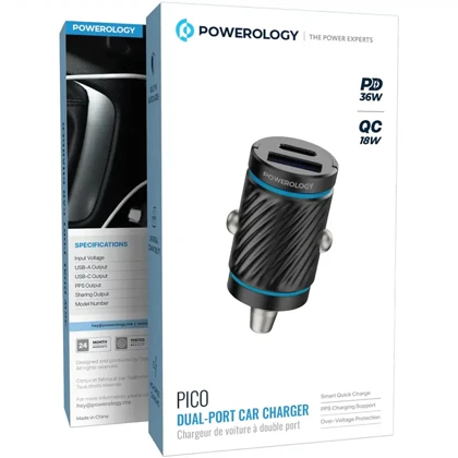 شارژر فندکی فست شارژ پاورولوژی Powerology مدل PCCSR023 توان 36 وات