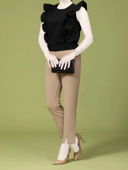 تاپ زنانه کتان یقه گرد آستین چین‌دار کمر کش کژوال سورنا