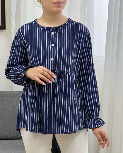 شومیز مانتویی کتان نخ راه راه کد 3447