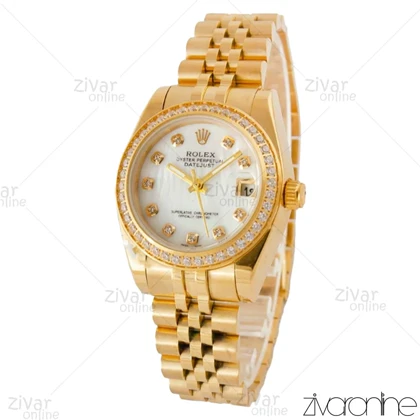 ساعت رولکس دیت جاست زنانه طلایی سفید دور نگین مدیوم 104343