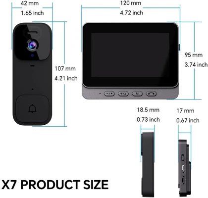 زنگ درب تصویری هوشمند بی‌سیم با مانیتور 4.3 اینچی مدل X7 – بدون نیاز به WiFi