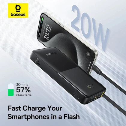 پاوربانک 10000 میلی‌آمپر USB و تایپ‌سی با کابل تایپ‌سی 20 وات بیسوس Baseus PPBD2-1W20 / P10077101113