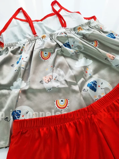 ست لباس خواب تاپ و شورتک ساتن طرح فیل و ابر