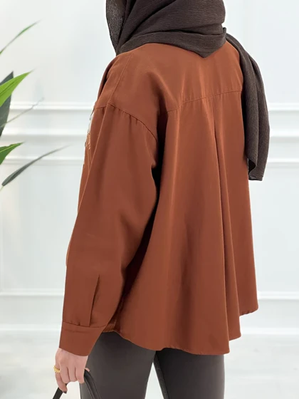 مانتو کتان گلدوزی سلین - آجری
