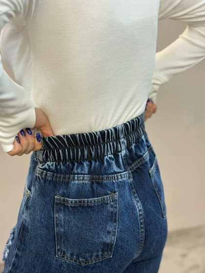 شلوار نیم بگ جین زاپ‌دار سورمه ای ام کی