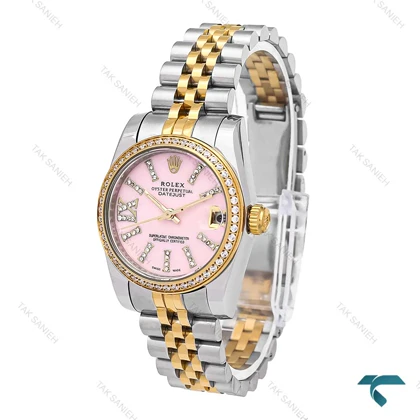ساعت رولکس زنانه دورنگ طلایی دورنگین صفحه صورتی Rolex-6540-L