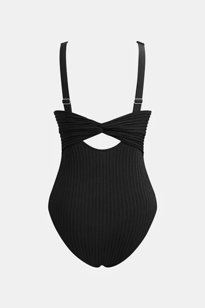 مایو یک‌تکه Cupshe مدل Black Ginger Ribbed & Ruched – مشکی، کبریتی و فرم‌دهنده با یقه هفت عمیق