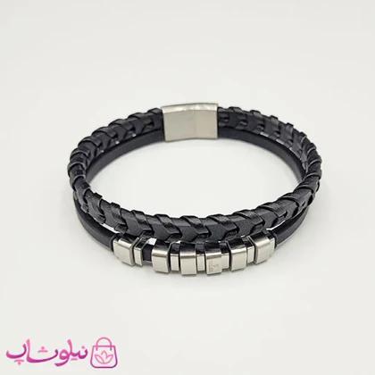 دستبند مردانه چرم استیل مدل رولکس مشکی نقره ای کیفیت مستر کد 1150