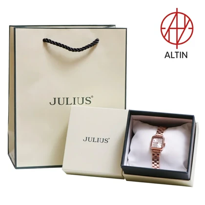 ساعت مچی زنانه جولیوس (Julius) مدل JA-1415B گلد (قاب مربع کلاسیک، بند استیل طلایی)