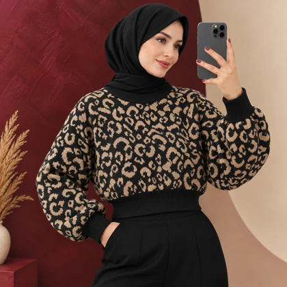 بلوز بافت کراپی پلنگی شانا کد 6067