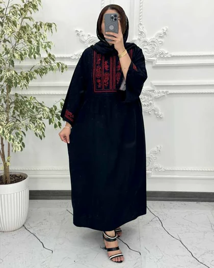 پیراهن لینن گلدوزی آستین کیمونو سرمه ای 6024