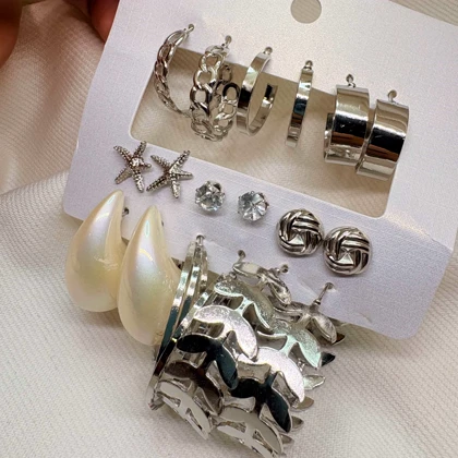 پک 9 عددی گوشواره استیل مدل «ورایتی» (Variety Pack) | شامل حلقه‌ای، مرواریدی و طرح دریایی