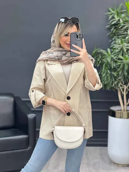 مانتو لینن دو دکمه جیب نما