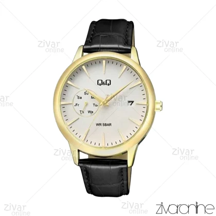 ساعت کیو اند کیو (Q&amp;Q) مردانه قاب طلایی بند چرمی مشکی 105535
