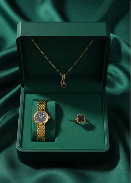 ست زنانه ساعت و گردنبند و انگشتر مدل Van Cleef -طلایی مشکی ویژه