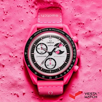 ساعت مچی امگا سواچ مدل MISSION TO THE PINK MOONPHASE SO33P700
