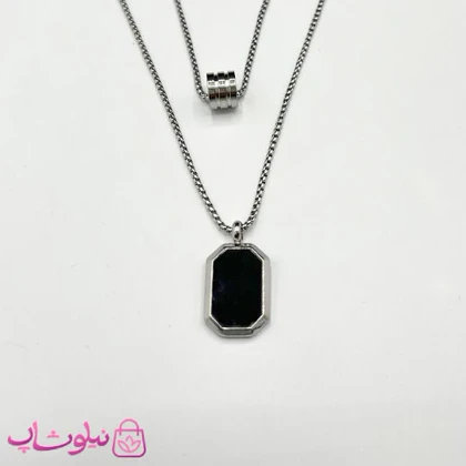 گردنبند مردانه استیل طرح دولاین سنگ اونیکس مشکی نقره ای