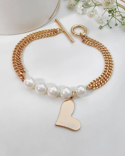 دستبند مروارید و آویز قلب ژوپینگ