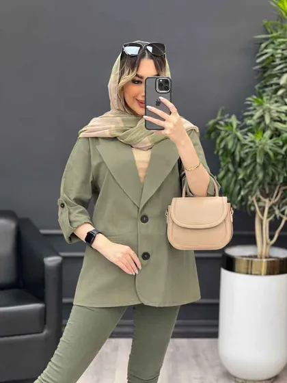 مانتو لینن دو دکمه جیب نما