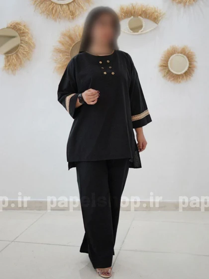 ست تونیک و شلوار لینن با نوار تزیینی سرآستین