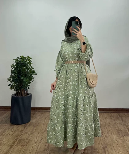 پیراهن مانتویی بلند گلبرگ به همراه کمربند