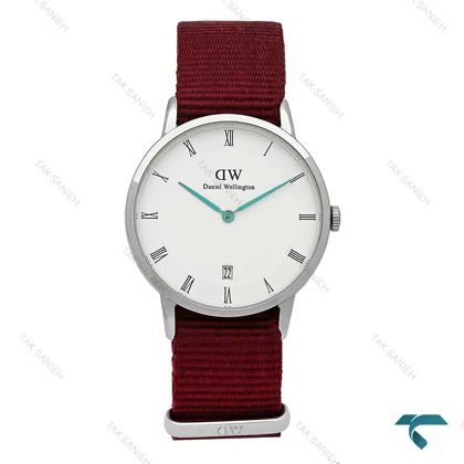 ساعت مچی DW نقره ای صفحه سفید بند برزنت زرشکی مدیوم DW-7231-L