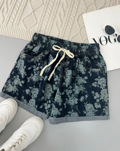 شلوارک جین گل آبی کد 4685