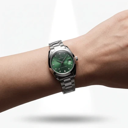 ساعت مچی زنانه امگا SPEEDMASTER مدل OMEGA-9693 بند استیل نقره‌ای صفحه سبز یشمی