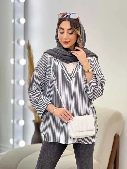 شومیز راه راه ترکیبی جلو بسته