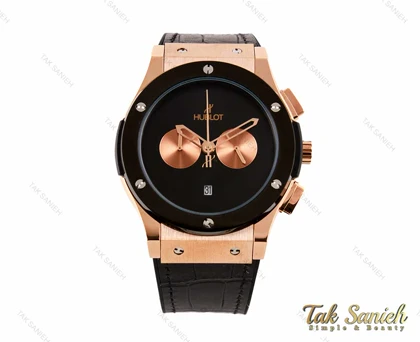 ساعت هابلوت مردانه سه موتوره رزگلد مشکی صفحه مهندسی Hublot-3131-G