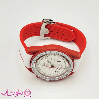 ساعت امگا سواچ moonswatch با بند رابر زنانه مردانه رنگ سفید قرمز کیفیت مستر کد 3750