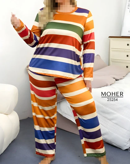 ست راحتی زنانه سایز بزرگ طرح راه راه رنگی