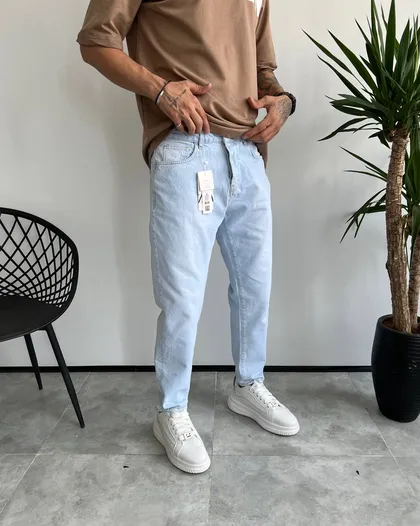 شلوار مام فیت ابی یخی ساده ZARA