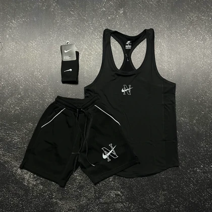 پکیج کد S664 شامل رکابی + شلوارک + جوراب با تم مشکی