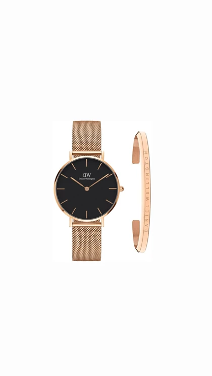 ست ساعت دنیل ولینگتون حصیری زنانه رزگلد صفحه مشکی با دستبند Daniel Wellington Rosegold