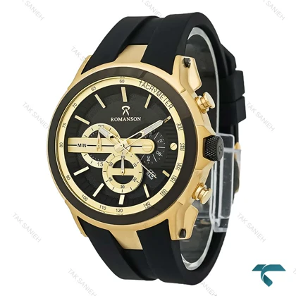 رومانسون مردانه کورنوگراف بند رابر مشکی قاب طلایی Romanson-8261-G