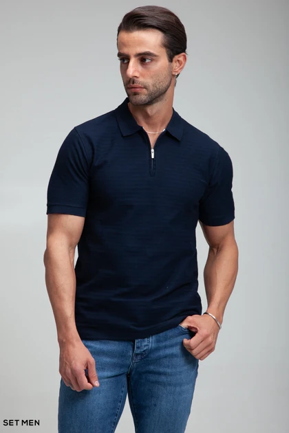 تیشرت یقه دارنیم زیپ بافت