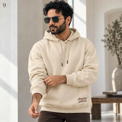 هودی مردانه اورسایز باکسی طرح گلدوزی اسب Modern Fashion کرم پرسیسکا