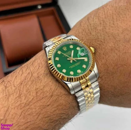 ساعت رولکس دیت جاست مردانه دورنگ طلایی صفحه سبز ایندکس نگین Rolex Datejust silver gold