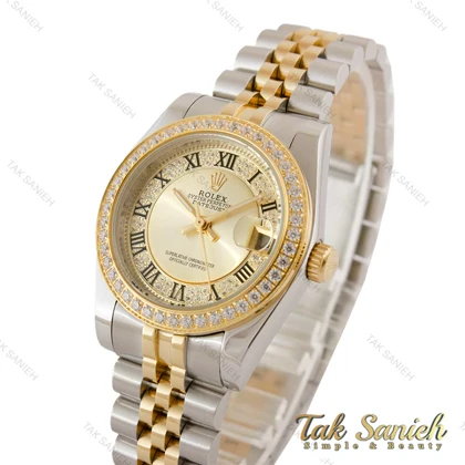 ساعت رولکس زنانه دورنگین صفحه طلایی ایندکس رومی مدیوم Rolex-5120-M-L