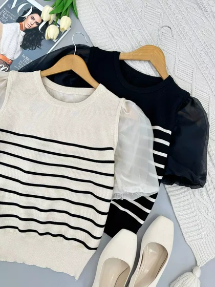 بلوز بافت راه راه استین پف کد 5361