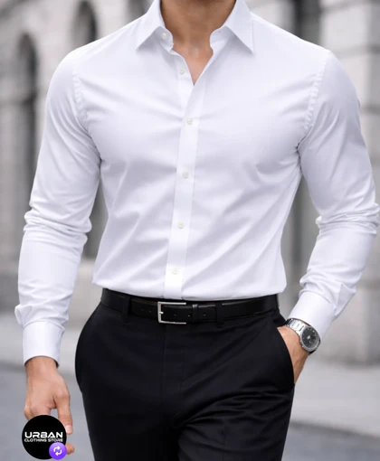 پیراهن سفید آستین بلند مردانه پارچه غواصی دوشین کش اعلا درجه یک