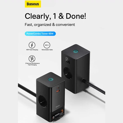 چند راهی برق 65 وات هوشمند 1 یو اس بی و 1 تایپ سی و 2 سوکت برق با کابل تایپ‌سی متصل بیسوس CCGAN65-S2ACE