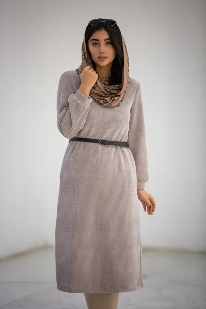 پالتو بلند کفتان زنانه یقه گرد بیسکوییتی