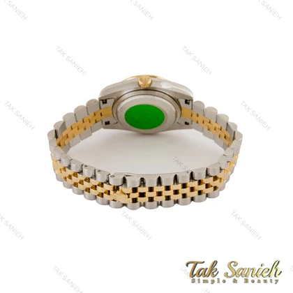 ساعت رولکس زنانه دورنگ طلایی دورنگین ایندکس یونانی صفحه آبی Rolex-5121-M-L