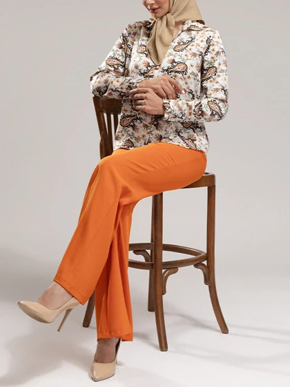 شومیز زنانه ساتن طرح دار یقه هفت آستین بلند 30109