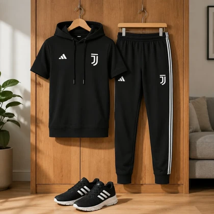 پکیج ست تیشرت کلاهدار و شلوار مردانه مدل Juventus + کفش ورزشی مردانه مدل Alshen