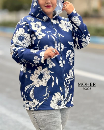 هودی کرک‌دار زنانه سایز بزرگ طرح گل زمینه سرمه ای