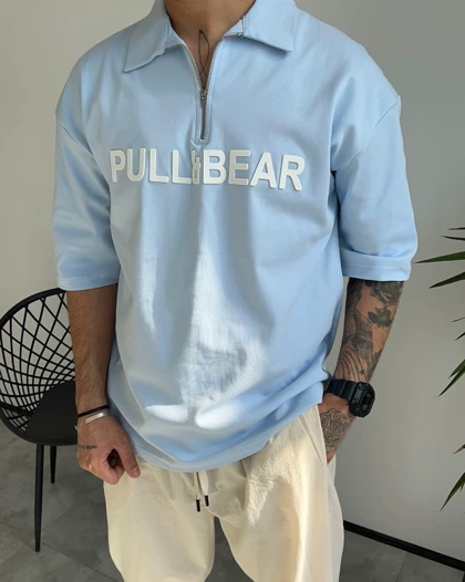 تیشرت یقه دار PULL&BEAR رنگ آبی اسکای