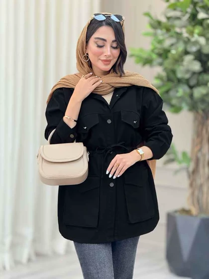 مانتو کتان کمرگت جیب پاکتی